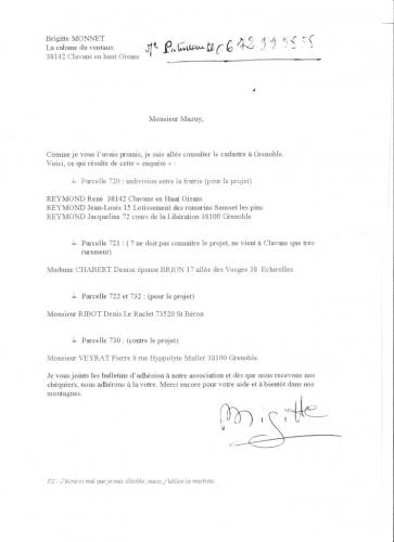 Lettre de B.Monnet expliquant cadastre